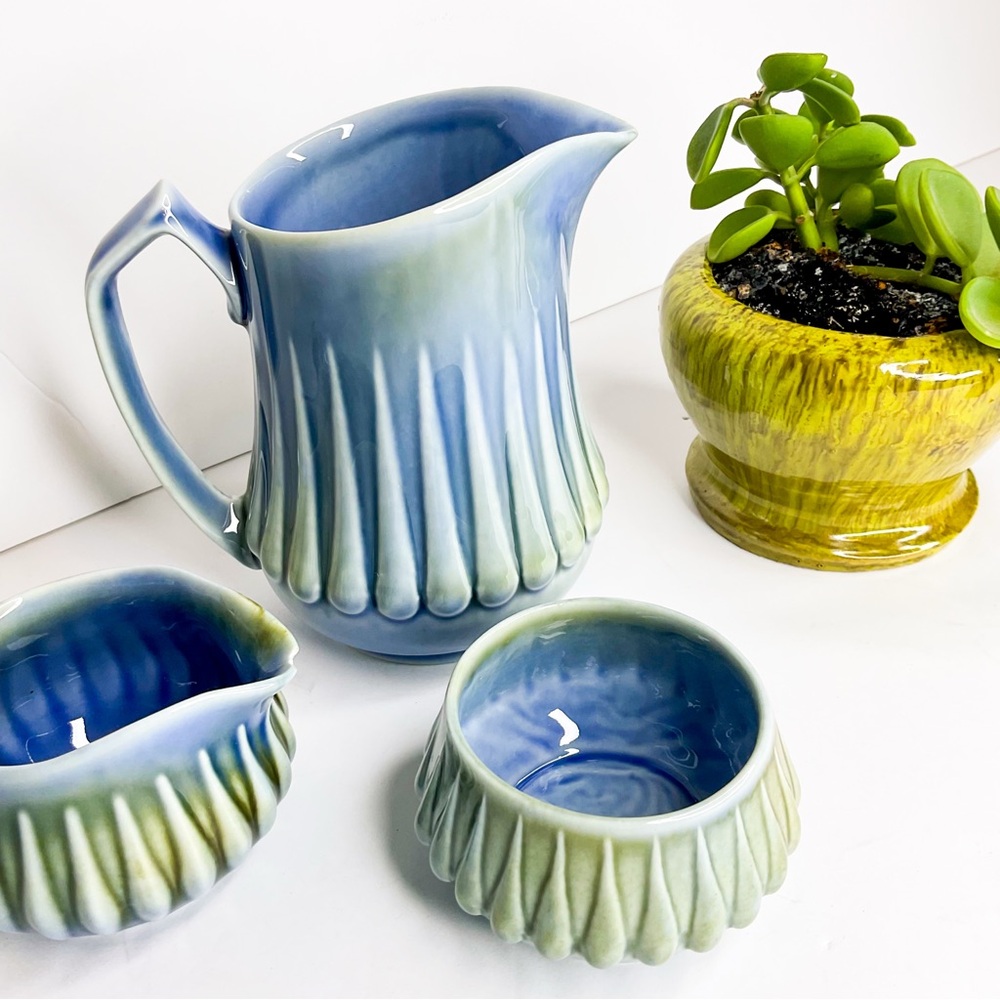 VINTAGE Irish Ceramic Pottery Tea Set – Blue & Green Glaze with Creamer & Sugar - Picture 2 of 7